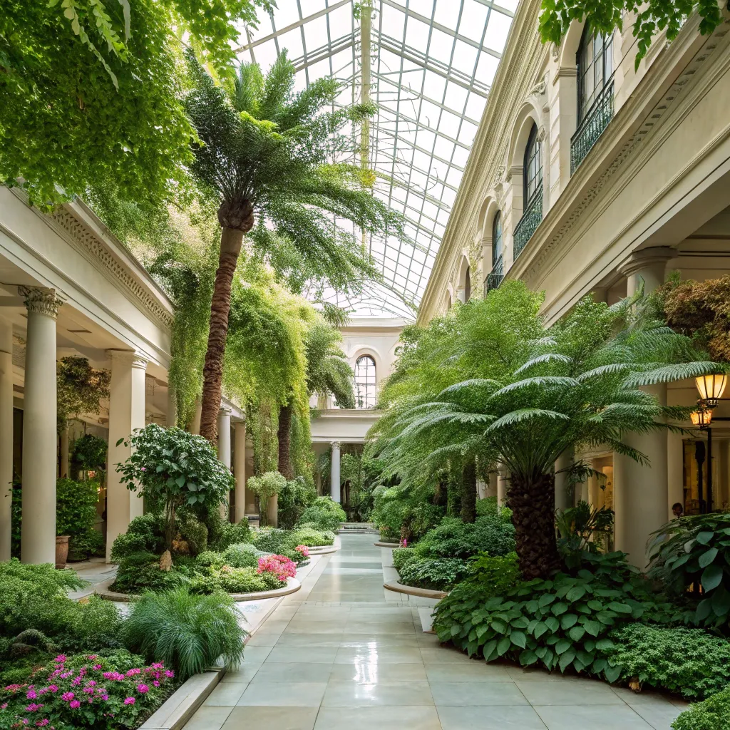Bright atrium filled with greenery
