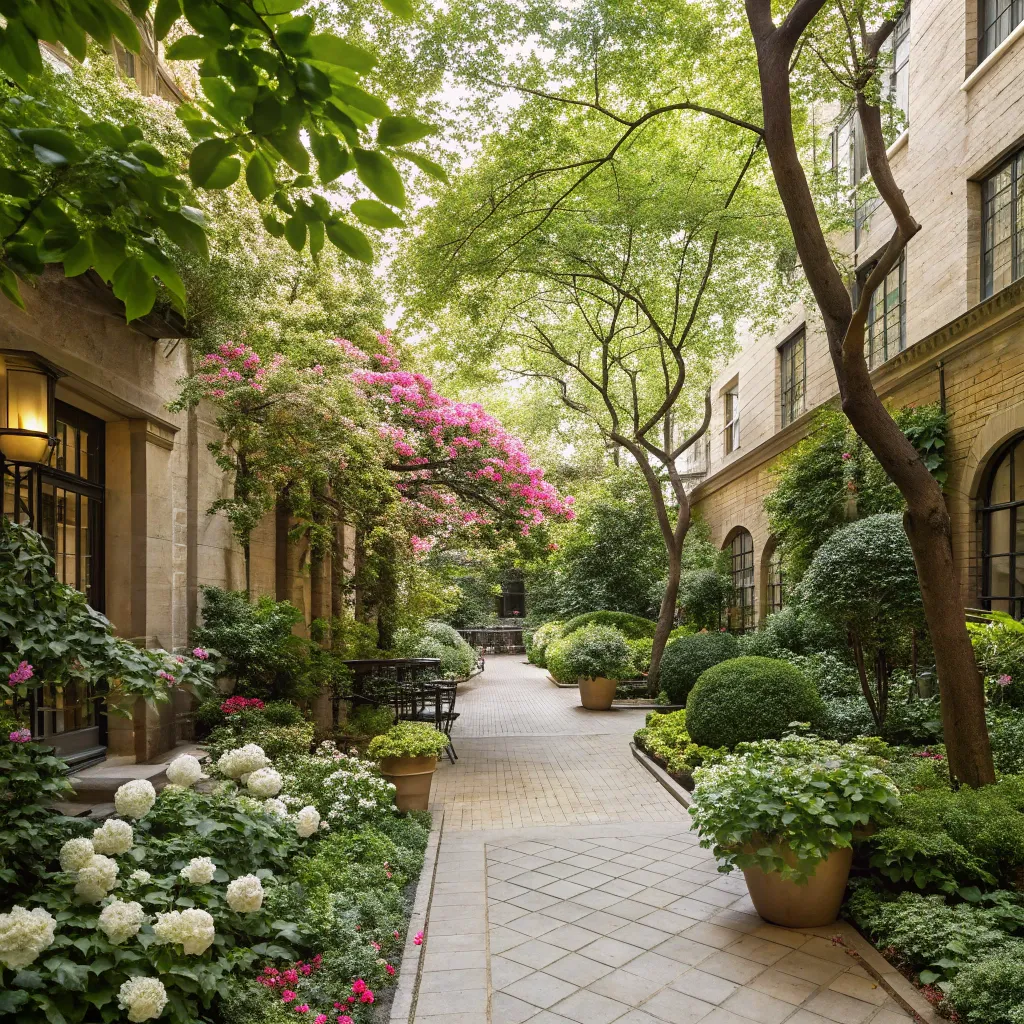 Fresh courtyard with lush greenery